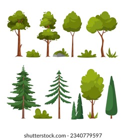 Forest tree and green bush. Vector set of vegetation bushes, garden grass and pine trees. Cartoon icon for decorate landscape park, backyard. Spring or summer plant, shrub with branches and leaves