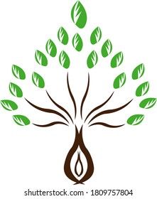 Forest tree with green leaves natural logo on a white background wavy thin branches and a brown trunk