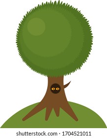 árbol forestal con un hueco en el tronco del cual un animal se esconde con ojos naranja brillante, el concepto de naturaleza y objeto ambiental sobre un fondo blanco