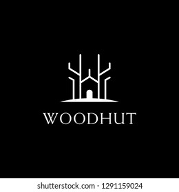 Forest tree and the hut logo icon vector template on black background