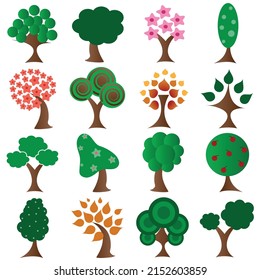 Forest tree icons set in a modern  flat style. Collection of different tree on white background. Vector illustration.
