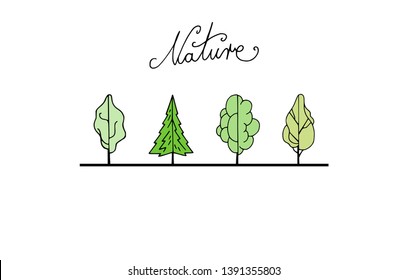 Forest tree illustration set in different shapes. Nature letters in calligraphy word. Plant logo decoration print with text. Simple wood symbol design collection. Green color treetop.
