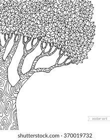 Forest tree isolated, big old tree. Vector botany detailed artwork. Coloring book page for adult. Bohemia concept for invitation, card, ticket, branding, logo, label, emblem. Black and white