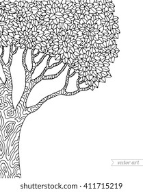 Forest tree isolated, big old tree. Vector tree, botany detailed artwork. Coloring book page for adult. Black and white big tree, many leaves, tree stem, trunk, tree bark texture. Lined illustration. 