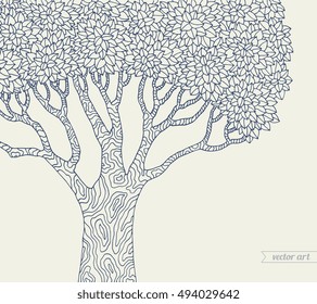 Forest tree isolated, big old tree. Vector botany detailed artwork. Coloring book page for adult. Bohemia concept for invitation card, ticket, branding, logo label, emblem. Monochrome dark blue, beige