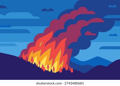 forest tree jungle covered in fire and smoke nature accident disaster background flat color vector illustration template design