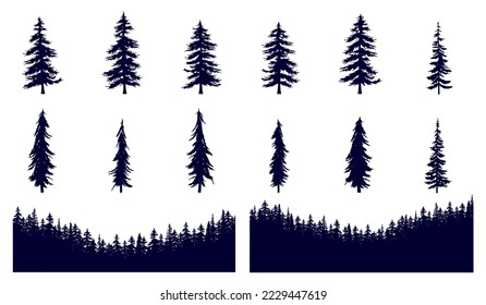 Forest tree and landscape vector objects on white background