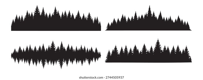 Forest tree line silhouettes, nature landscape borders and pine tree background vector elements