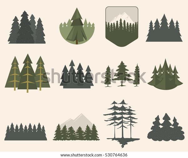 Forest tree logo badge vector green\
natural silhouette set. Forest treetop deep colors\
design