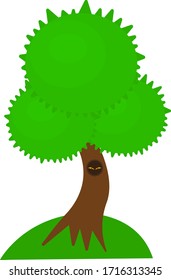 Forest tree with a long curved trunk from the hollow of which the orange eyes of an animal shine