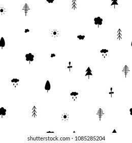 Forest tree nature simple seamless pattern.Ecology inspiration graphic design typography element. Hand drawn postcard. Cute simple vector style. Textile print Sun Cloud Rain Healthy Green Environment
