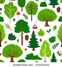 Forest tree pattern with berries and cones, on white background, vector illustration