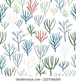 Forest tree seamless pattern. Abstract ink hand drawn wood silhouette. Line creative repeat print. Vector seamless pattern for wallpaper, textile, cover. Modern graphic print. Winter tree silhouette