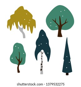Forest tree set. Abstract nature landscape background. Flat vector composition.