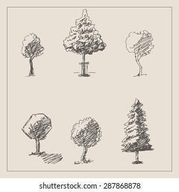 Forest tree set, in hand drawn sketch vintage style, for engraved landscape and urban illustration design
