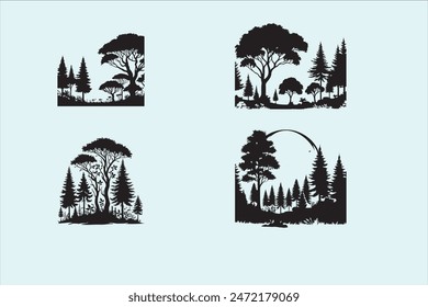 Forest tree silhouettes collection. Pine trees horizontal pattern panorama background. Vector illustration