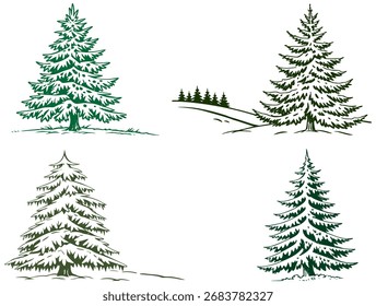 Árbol del bosque en la nieve. Conjunto de bocetos de árbol. Gráficos de Vector