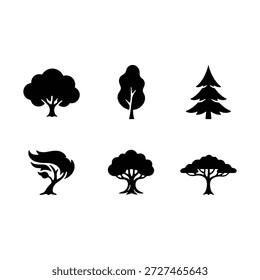 Wald- und Baumartensammlung mit Kiefern-, Eichen- und Laubbaumsilhouetten.