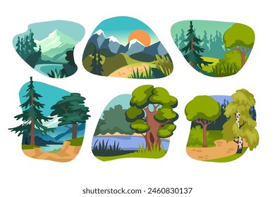 Forest tree. Trail cartoon flat, path mountain woods, water, woodland, pine and oak. Place bush grass, flower summer, nature spring garden, environment icon. Nature illustration landscape. Vector set