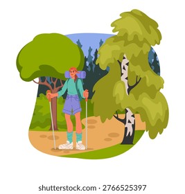 Forest tree. Trail cartoon flat, path mountain woods, water, woodland, pine and oak. Place bush grass, flower summer, nature spring garden, environment icon. Nature illustration landscape. Vector set