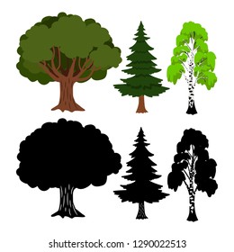 Forest tree vector elements. Green ans black silhouettes trees. Illustration of tree summer plant, floral nature green