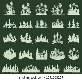 Forest tree vector silhouette outdoor travel green silhouette forest logo coniferous natural badge tops pine spruce branch cedar and plant leaf abstract stem drawing vector illustration.