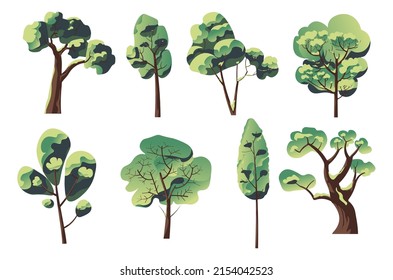 Forest tree and vegetation of park or woods, isolated plants and environmental surroundings. Spring or summer seasonal lush foliage and greenery. Backyard or garden. Vector in flat style illustration