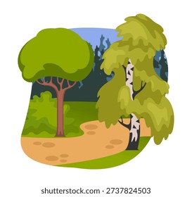 Forest tree. Wild nature landscape. Summer greenery. Path road through woodland. Birch greenery foliage. Countryside pathway. Vector deciduous plants. Green bush leaves. Vector spring park scenery