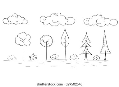 Forest Tree Woods Sketch Simple Line Child Hand Drawing Vector Illustration