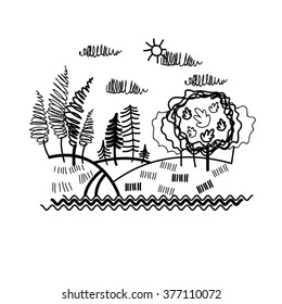 Forest Tree Woods Sketch Simple Line Vector Illustration