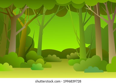 Forest trees background. Glade in the thicket. Beautiful green summer landscape. Flat design. Cartoon style. Background illustration. Vector