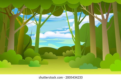 Forest trees background. Glade in the thicket. Sky. Beautiful green summer landscape. Flat design. Cartoon style. Background illustration. Vector