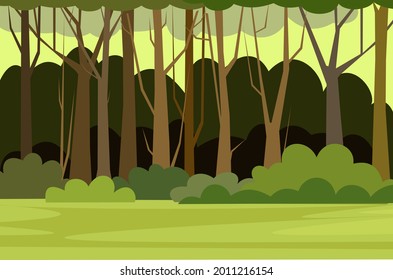El fondo de los árboles forestales. Glade en el matorral. Hermoso paisaje verde de verano. Diseño plano. Estilo de caricatura. Ilustración de fondo. Vector
