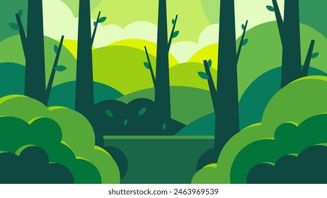 Fondo de árboles forestales. Glade en la espesura. Hermoso paisaje verde de verano. Diseño plano