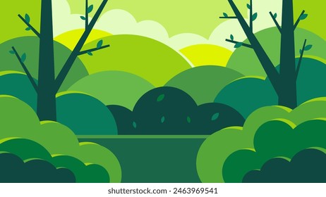 Fondo de árboles forestales. Glade en la espesura. Hermoso paisaje verde de verano. Diseño plano