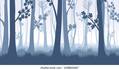 Forest trees background. Tree trunks texture, forest horizontal seamless pattern, forested nature landscape vector illustration