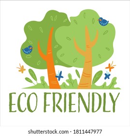 Forest with trees and bushes, grass greenery and flowers. Eco friendly production or planting, ecosystem with birds and butterflies. Biodiversity of nature, ecology gardening vector in flat style