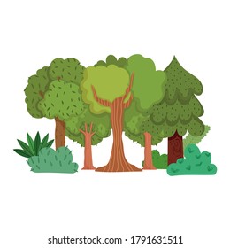 forest trees bushes grass leaves foliage greenery cartoon design vector illustration