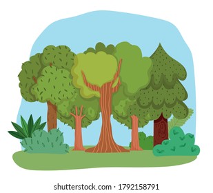 forest trees bushes grass leaves foliage greenery cartoon design vector illustration