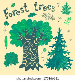 Forest trees, bushes, leaves. Set of cute elements for design. Vector illustration.