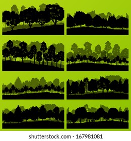 Forest trees and bushes wild nature silhouettes landscape illustration collection background vector