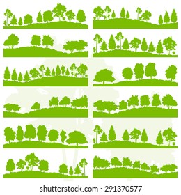 Forest trees and bushes wild nature silhouettes landscape illustration collection background vector set green ecology concept