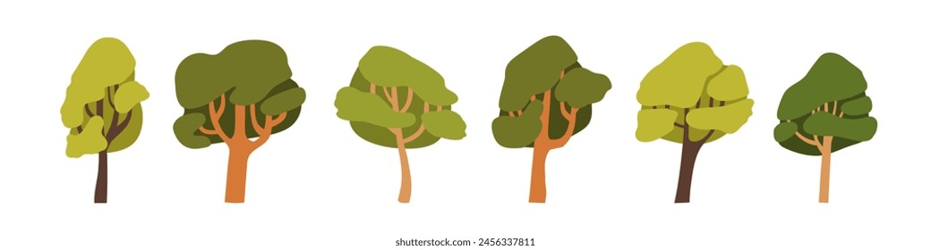 Forest trees collection. Botanical elements, foliage deciduous plants set. Crown, trunk, leaves and branches of oak, maple, ash. Flat graphic vector illustration isolated on white background