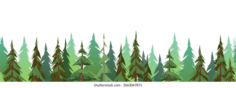 Waldbäume. Nadelbäume und Kiefer. Einzeln auf weißem Hintergrund. Nahtlose horizontale Illustration im Cartoon-Stil flach Design. Vektorgrafik.