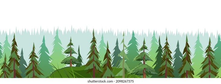 Forest trees. Coniferous fir and pine. Isolated on white background. Spruce thickets on the horizon. Seamless horizontal illustration in cartoon style flat design. Vector.