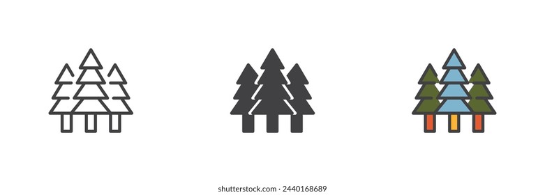 Forest trees different style icon set. Line, glyph and filled outline colorful version, outline and filled vector sign. Symbol, logo illustration. Vector graphics
