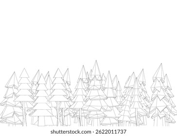 A forest of trees is drawn in black and white. The trees are sparsely scattered throughout the image, with some closer together and others further apart
