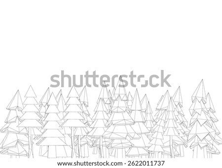 A forest of trees is drawn in black and white. The trees are sparsely scattered throughout the image, with some closer together and others further apart