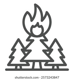 Forest trees in flames line icon, ecology insurance concept. Vector graphics. Fireplace at forest, high risk danger sign on white background, outline style icon for mobile or web design