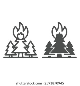 Forest trees in flames line and solid icon, ecology insurance concept. Vector graphics. Fireplace at forest, high risk danger sign on white background, outline style icon for mobile or web design